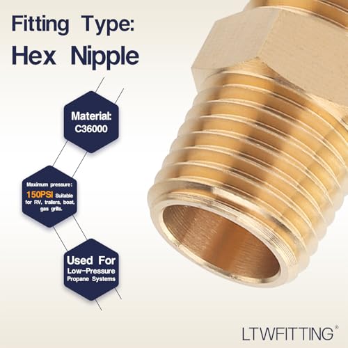LTWFITTING Brass Pipe Hex Nipple Fitting 1/2 x 1/2 Inch Male Pipe NPT MNPT MPT Air Fuel Water(Pack of 5) - Image 3