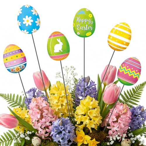 Shimeyao 6 Pcs Metal Easter Egg Garden Stakes Happy Easter Metal Garden Signs Colorful Egg Bunny Yard Stakes Outdoor Decor for Home Lawn Porch Holiday Front Backyard - Image 1