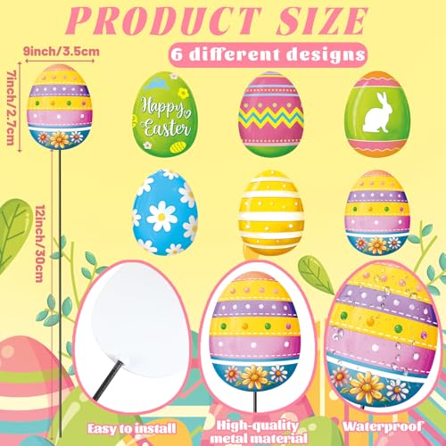 Shimeyao 6 Pcs Metal Easter Egg Garden Stakes Happy Easter Metal Garden Signs Colorful Egg Bunny Yard Stakes Outdoor Decor for Home Lawn Porch Holiday Front Backyard - Image 3