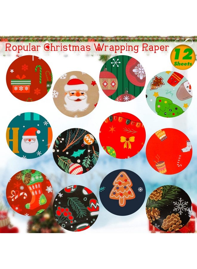 Konsait 12Pack Folded Large Sheets Of Christmas Wrapping Paper Traditional Gift Wrap, Christmas Decoration,Xmas Festive Designs- Kids Snowman, Santa, Christmas Tree, Snowflake, Reindeer, 74 X 51Cm - Image 2