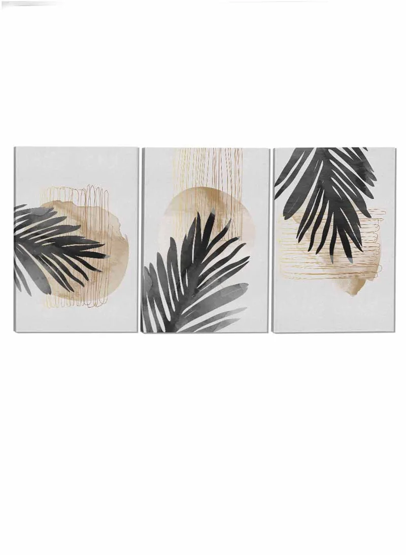 LOWHA Set Of 3 Canvas Wall Arts Stretched Over Wooden Frame Palm Tropical Leaves Paintings
