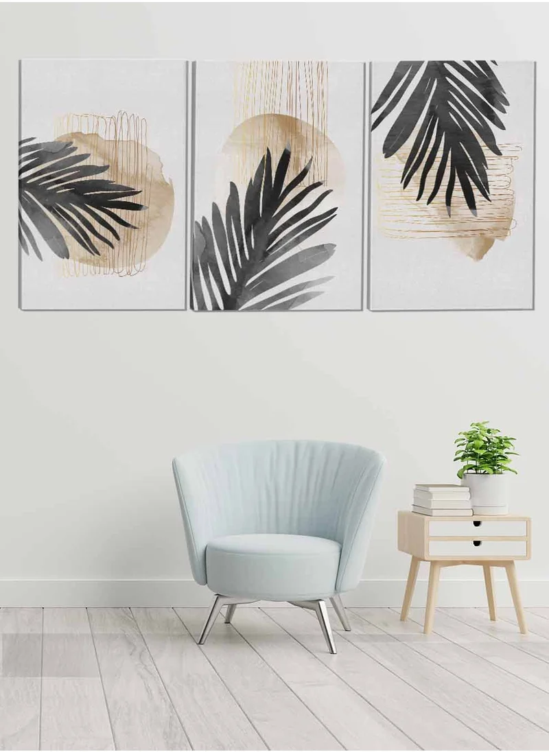 LOWHA Set Of 3 Canvas Wall Arts Stretched Over Wooden Frame Palm Tropical Leaves Paintings