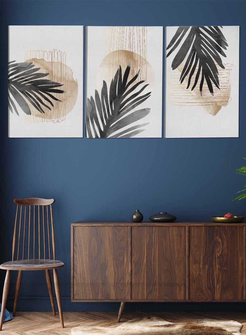 LOWHA Set Of 3 Canvas Wall Arts Stretched Over Wooden Frame Palm Tropical Leaves Paintings - Image 2