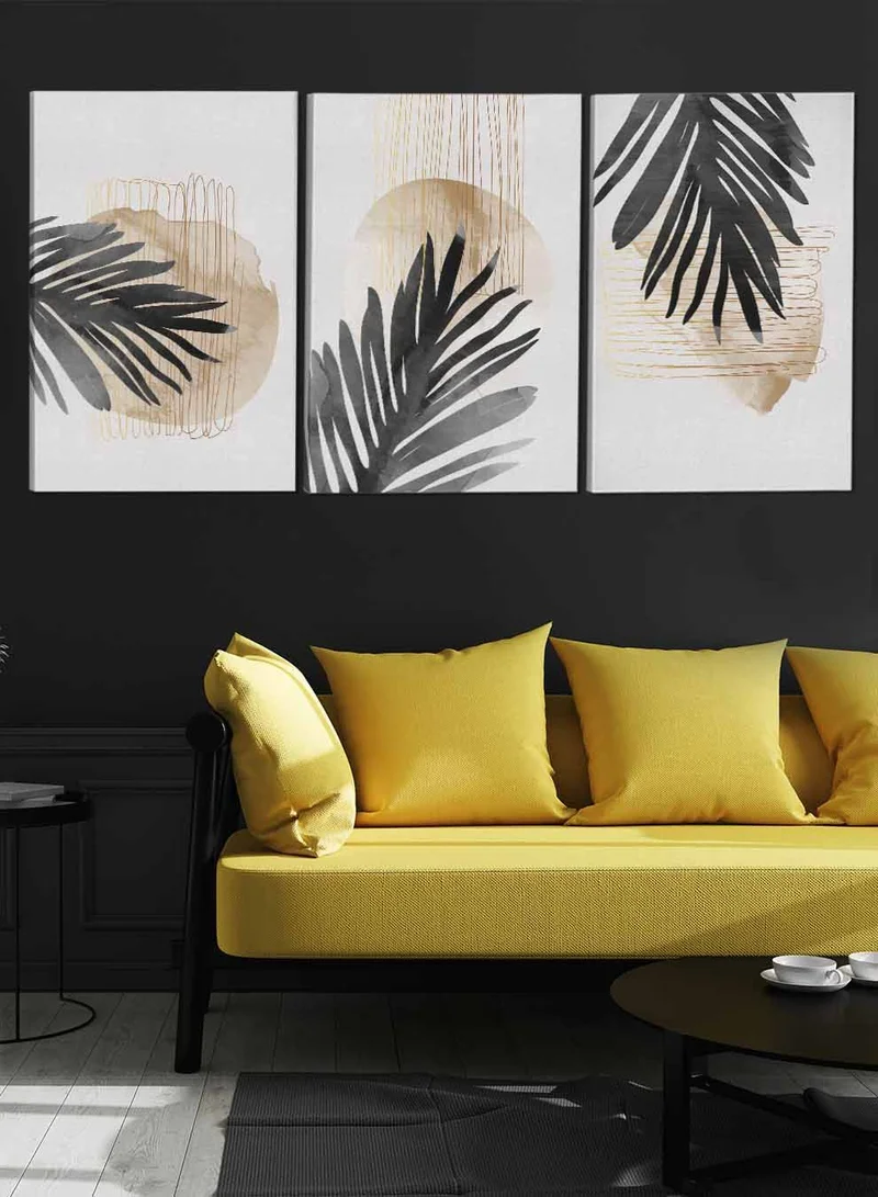 LOWHA Set Of 3 Canvas Wall Arts Stretched Over Wooden Frame Palm Tropical Leaves Paintings