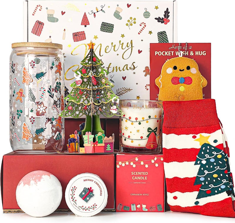 LUICONMO Christmas Gifts for Women 2025, Unique Christmas Gift Basket for Coworker Teacher Employee Sister Best Friend Mom Wife, Xmas Holiday Gifts for Women Secret Santa Gift Box Set with Holiday Glass Cup - Image 1