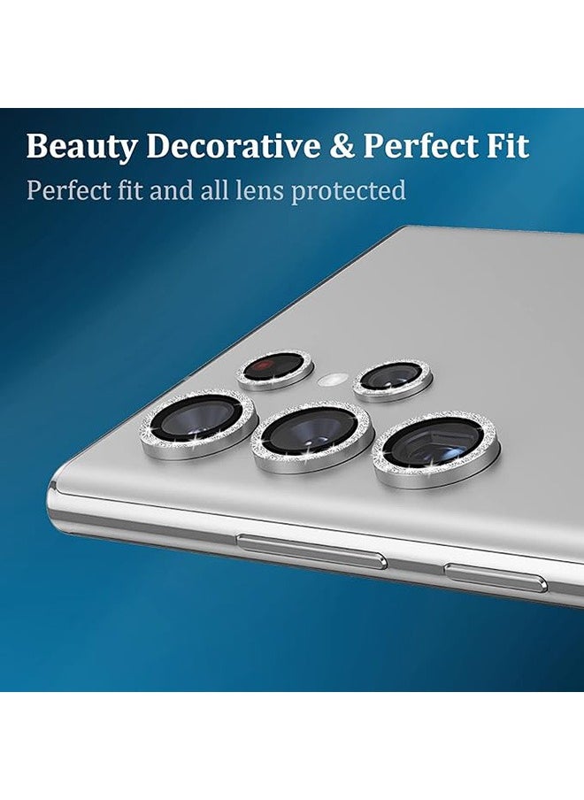 Generic - For Samsung Galaxy S23 Ultra Camera Lens Protector, Glitter Bling Tempered Glass Camera Screen Protector Individual Metal Ring Lens Cover for Galaxy S23 Ultra Accessories, 1 Set (Silver Glitter) - Image 1