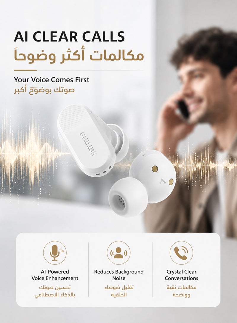 Philips True Wireless Earbuds, TWS Bluetooth 5.3 with Hybrid ANC, AI Clear Calls, Dynamic Bass Boost, IPX4 Waterproof, Touch Controls, USB-C Charging Case, Up to 24H Battery Life, TAT3509,  White white - Image 3