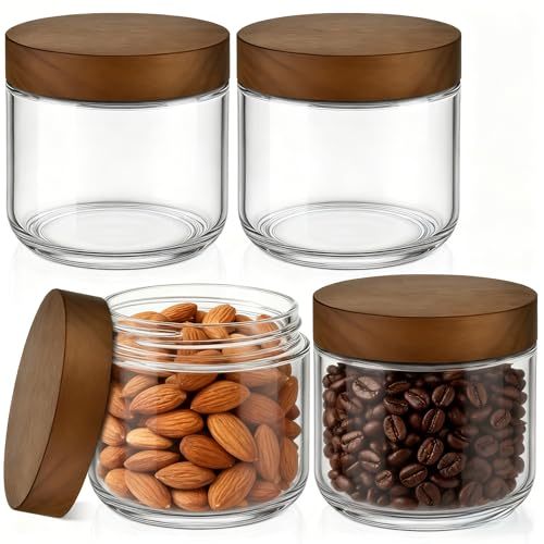 Bumobum 8 oz Glass Mason Jars with Lids, Small Glass Container with Acacia Wood Airtight Lid, Wide Mouth Canisters for Chia Pudding Loose Tea Coffee Salad Snacks Yogurt Spice, 4-Pack - Image 1