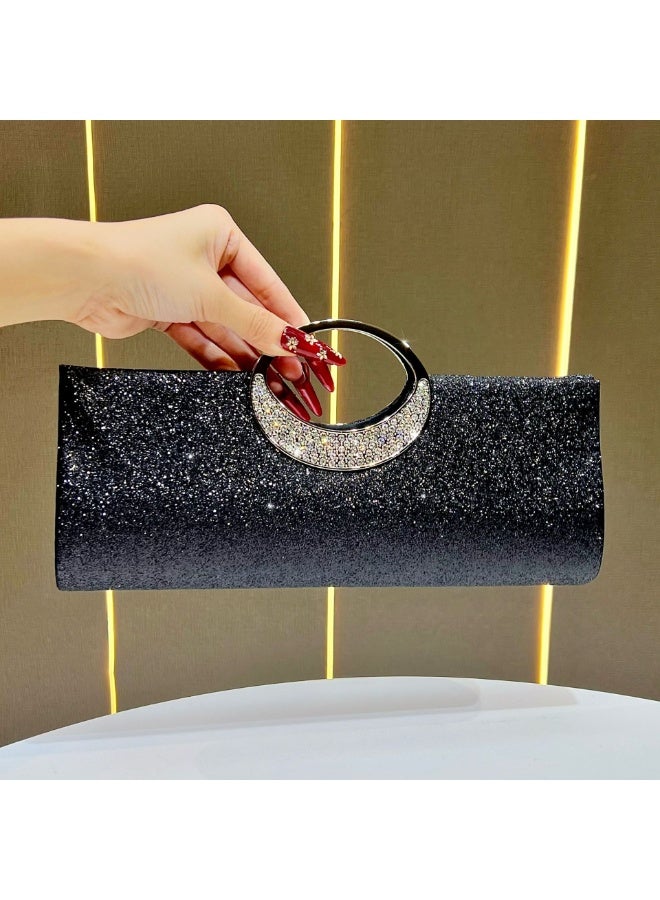 MAGNISHAN Women's Glitter Evening Clutch Bag with Rhinestone Handle Black - Image 1
