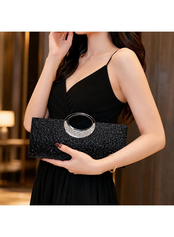 MAGNISHAN Women's Glitter Evening Clutch Bag with Rhinestone Handle Black - Image 2