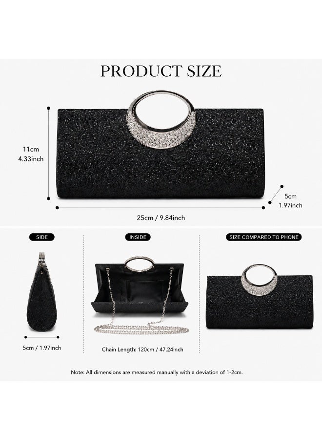MAGNISHAN Women's Glitter Evening Clutch Bag with Rhinestone Handle Black - Image 3