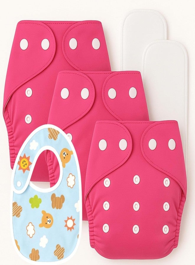 Kritiu Reusable Baby Cloth Diapers (0-3 Years) Pack of 3 with 2 Inserts & Bib | Leak-Proof & Adjustable | Washable Up to 300 Times | Waterproof, BPA-Free, Eco-Friendly, Anti Bacterial, Rashes Free Diapers for Babies & Toddlers (3-17 kg) (PINK) - Image 1
