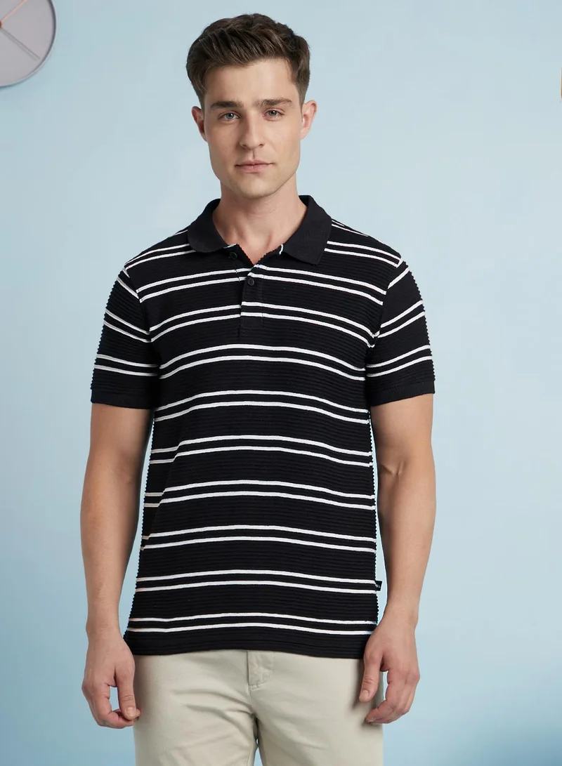 Dennis Lingo Men's Black And White Cotton Blend Striped Regular Fit T-Shirt
