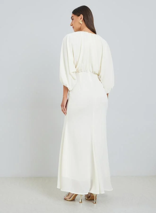 Styli  Women Cream Blouson Mermaid Hem Maxi Dress for Women | Best Price UAE
