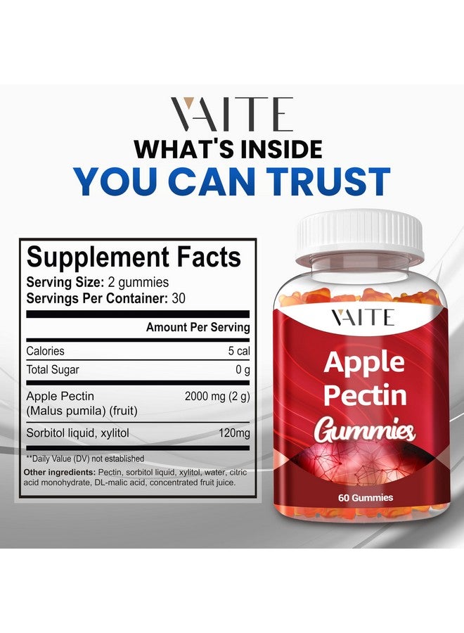 VAITE Apple Pectin Gummies - High-Fiber Supplement with 2000mg Natural Cholesterol Lower Support, Promotes Digestive Wellness & Stomach Comfort, Non-GMO & Gluten Free Herbal Supplements - 60 Vegan Gummy - Image 3