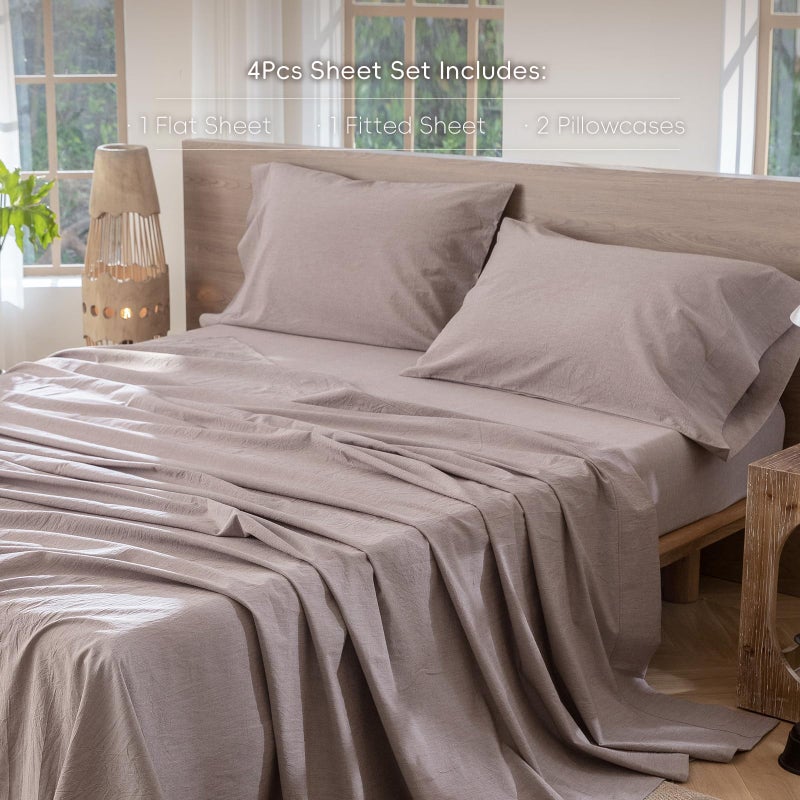 MooMee Bedding Sheet Set 100% Washed Cotton Linen Like Textured Breathable Durable Soft Comfy (Heathered Mauve Brown, Full) - Image 2