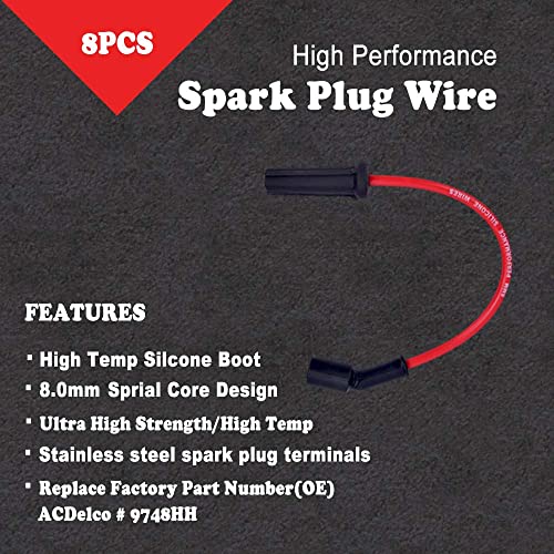RLP Set of 8 Professional Spark Plug Wire 9748HH 8.0mm Red Compatible with Cadillac Escalade, Chevy Silverado Suburban Tahoe GMC Sierra Yukon - Image 2