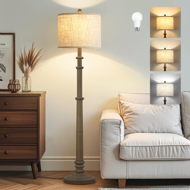 EJIAXIN Floor Lamps for Living Room - 60" Resin Farmhouse Floor Lamp with Adjustable Color Temperatures - Vintage Standing Lamp Reading Light with Linen Shade Retro Tall Lamp for Bedroom Office, Grey - Image 1