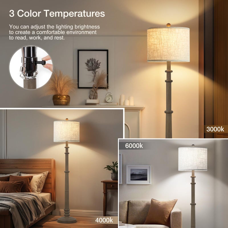 EJIAXIN Floor Lamps for Living Room - 60" Resin Farmhouse Floor Lamp with Adjustable Color Temperatures - Vintage Standing Lamp Reading Light with Linen Shade Retro Tall Lamp for Bedroom Office, Grey - Image 3
