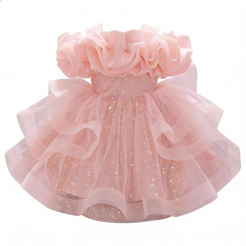 MIEKISA Baby Girl's Sequin Tulle Party Dress, Ruffle Layered Princess Formal Gown with Bow, Evening Wear for Toddlers (US, Age, 9 Months, 12 Months, Pink) - Image 1