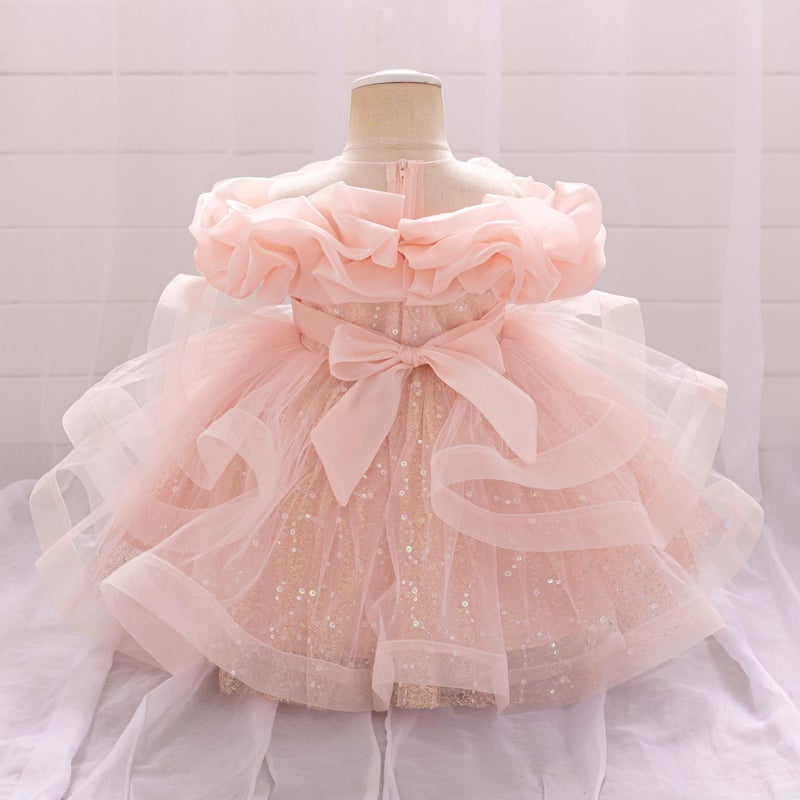 MIEKISA Baby Girl's Sequin Tulle Party Dress, Ruffle Layered Princess Formal Gown with Bow, Evening Wear for Toddlers (US, Age, 9 Months, 12 Months, Pink) - Image 2