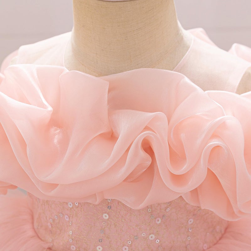 MIEKISA Baby Girl's Sequin Tulle Party Dress, Ruffle Layered Princess Formal Gown with Bow, Evening Wear for Toddlers (US, Age, 9 Months, 12 Months, Pink) - Image 5