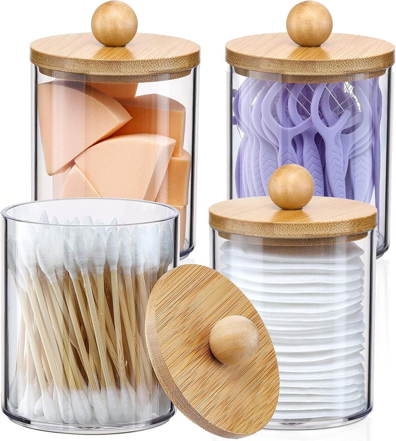 SWIUKPHE User friendly optimized build 10 Ounce Bamboo Lid Q Tip Holder Dispenser Set for Bathroom, Organizer Storage for Cotton Swabs Balls Pads and Floss, Natural Look Accessories for Countertop Organization Global trendy simple build - Image 1