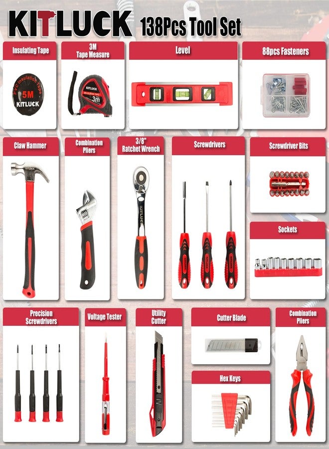 KITLUCK 138-piece Home Tool Kit, Household Hand Repair Tool Set for men, Portable Basic Tool box Set with Tools (Screwdriver, Plier, Wrench, Socket, Harmer, Rule, etc.) for Home and Car - Image 2