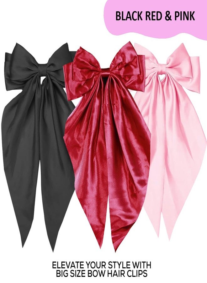 kapimo 3 Pcs Bow Hair Clips for Women Girls Satin layered Barrette Ribbon Hairclips Stylish Hair Accessories (Black - Red - Pink) - Image 2