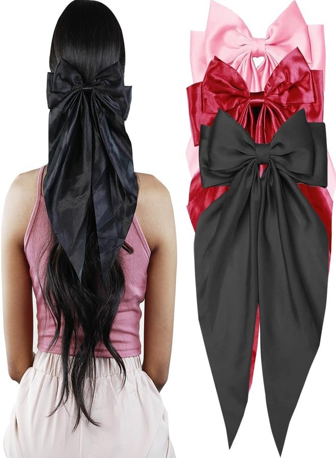 kapimo 3 Pcs Bow Hair Clips for Women Girls Satin layered Barrette Ribbon Hairclips Stylish Hair Accessories (Black - Red - Pink) - Image 1