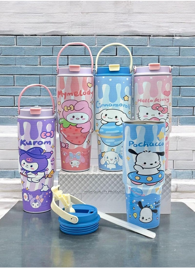 QSHOP - QSHOP® Thermal Mug with Handle Lid and Straw, Insulated - Stainless Steel Reusable Travel Coffee Mug for Home Office Kids Safe - Image 1