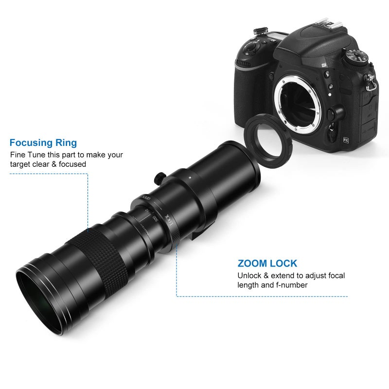 لايتدو عدسة زوم تليفوتوغرافي EF/EF-S 420-800mm F8.3 (يدوي) + قاعدة T لتركيب كاميرات كانون EOS Rebel T8i/T7i/T7/T6i/T5/T3i/T2i/XSi/SL3/SL2/T100/90D/80D/70D/50D/5D Mark IV/6D II/7D II/1D X III II - عدسات كاميرات DSLR اليدوية - Image 3