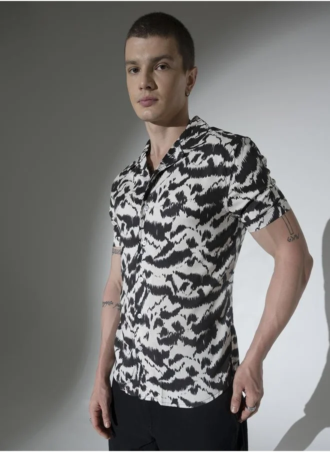 Hubberholme Multicolor Abstract Print Cuban Collar Oversized Shirt for Men