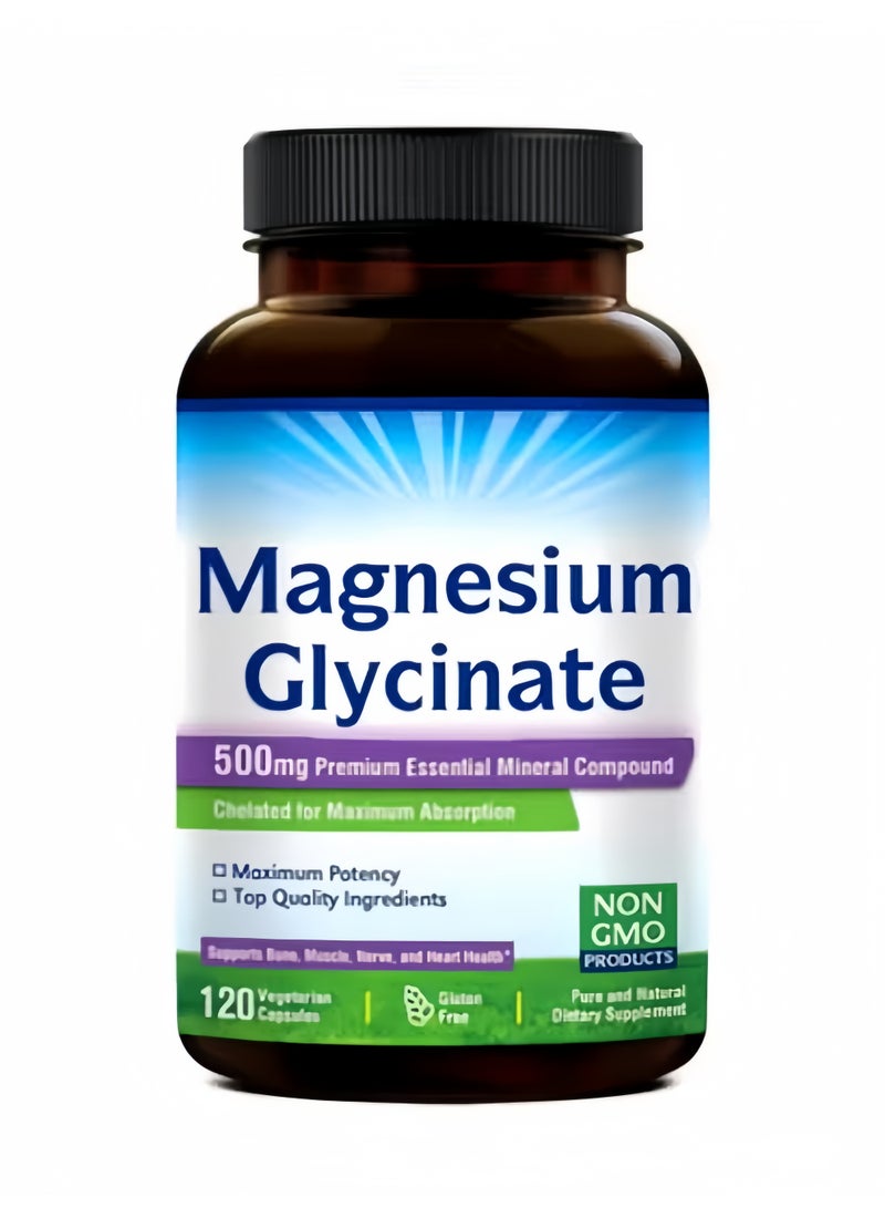Magnesium Glycinate 500mg Premium Mineral Dietary Supplement: Gentle, Highly Absorbable Formula with 70.5mg of Elemental Magnesium Per Capsule, 120 Non-GMO & Gluten-Free Capsules – An All-Round Magnesium Supplement for Supporting Muscle & Nerve Health, Cardiovascular Care, and Physical & Mental Relaxation - Image 1