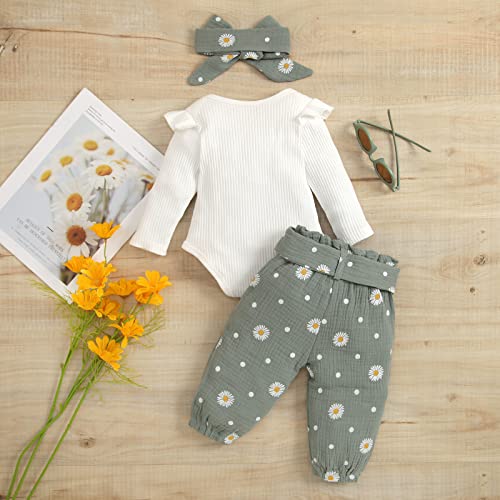 Mubineo Baby Girl Clothes Outfits Cute Flower Romper Daisy Pant Fall Winter Newborn Outfit Sets (Green, 9-12 Months) - Image 3
