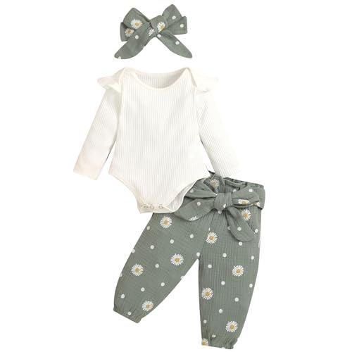 Mubineo Baby Girl Clothes Outfits Cute Flower Romper Daisy Pant Fall Winter Newborn Outfit Sets (Green, 9-12 Months) - Image 1