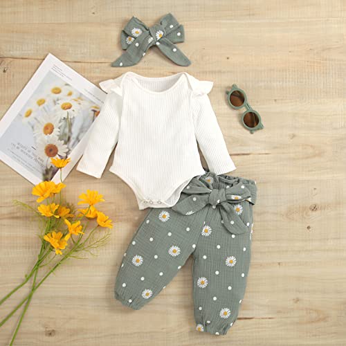 Mubineo Baby Girl Clothes Outfits Cute Flower Romper Daisy Pant Fall Winter Newborn Outfit Sets (Green, 9-12 Months) - Image 2