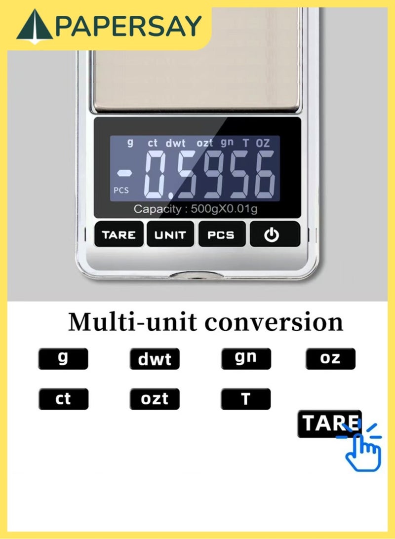  طائرة ورقية ميزان جرامات رقمي دقيق، سعة 500 جم / دقة 0.001 أونصة و0.01 جم، ميزان جيبي صغير محمول لوزن المجوهرات، مع وظيفة الصفر (Tare) والإيقاف التلقائي، مصنوع من الفولاذ المقاوم للصدأ - Image 5