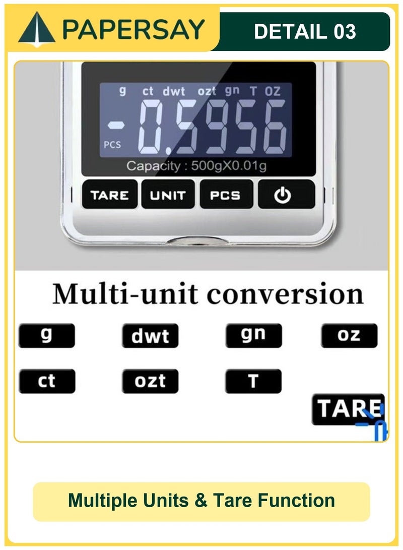  طائرة ورقية ميزان جرامات رقمي دقيق، سعة 500 جم / دقة 0.001 أونصة و0.01 جم، ميزان جيبي صغير محمول لوزن المجوهرات، مع وظيفة الصفر (Tare) والإيقاف التلقائي، مصنوع من الفولاذ المقاوم للصدأ - Image 4