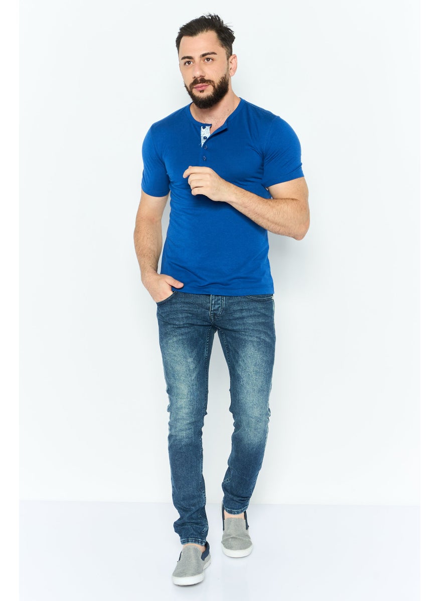 Project Essentials - Men Stand Collar Short Sleeves Solid T-Shirt, Blue - Image 1
