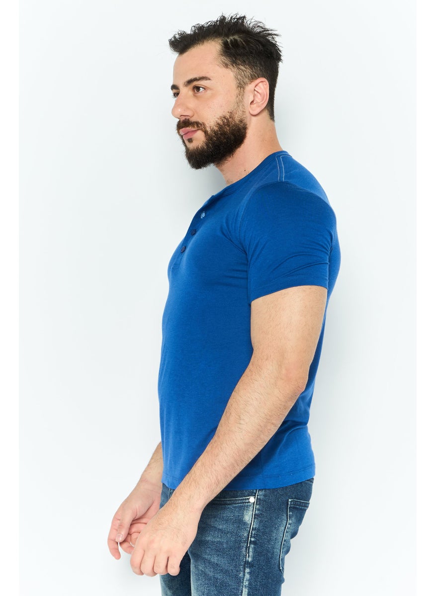 Project Essentials - Men Stand Collar Short Sleeves Solid T-Shirt, Blue - Image 1