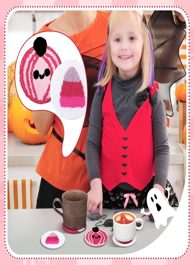 FuWeave 8 Pcs Tufted Halloween Coaster for Drink Ghost Pumpkin Coaster 3.1'' Pink and White Tufted Cup Mat Pad for Drinks Beverage Boo Candy Corn Mug Cup Car Desk Home Party Halloween Decor - Image 3