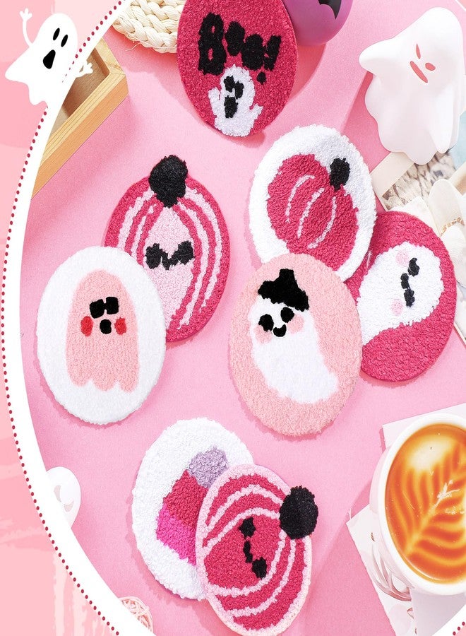 FuWeave 8 Pcs Tufted Halloween Coaster for Drink Ghost Pumpkin Coaster 3.1'' Pink and White Tufted Cup Mat Pad for Drinks Beverage Boo Candy Corn Mug Cup Car Desk Home Party Halloween Decor - Image 4