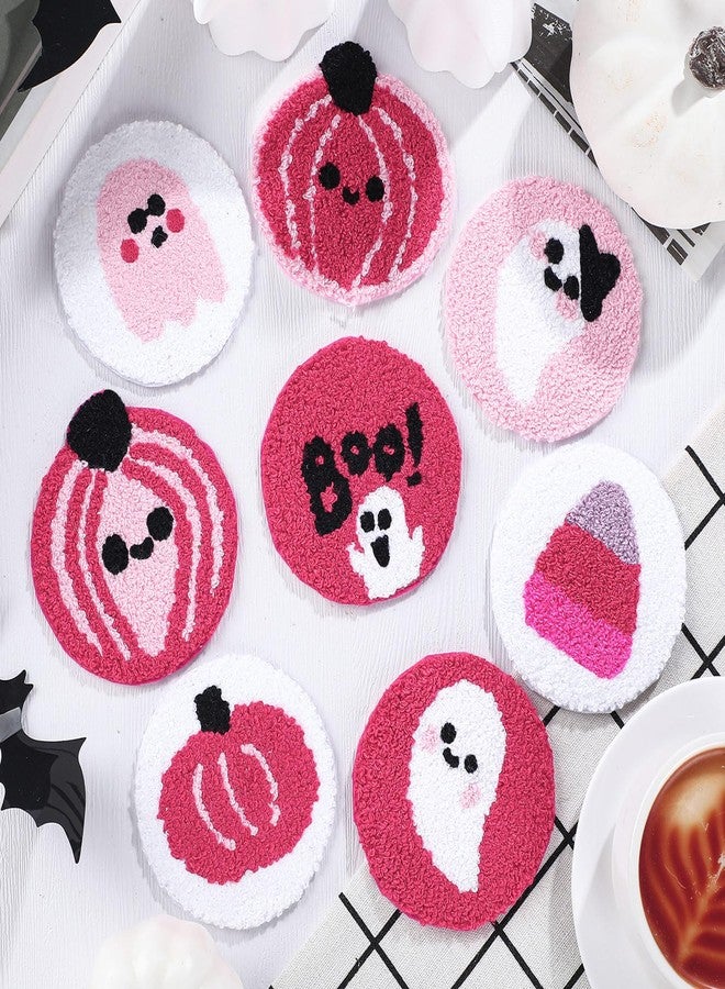 FuWeave 8 Pcs Tufted Halloween Coaster for Drink Ghost Pumpkin Coaster 3.1'' Pink and White Tufted Cup Mat Pad for Drinks Beverage Boo Candy Corn Mug Cup Car Desk Home Party Halloween Decor - Image 1