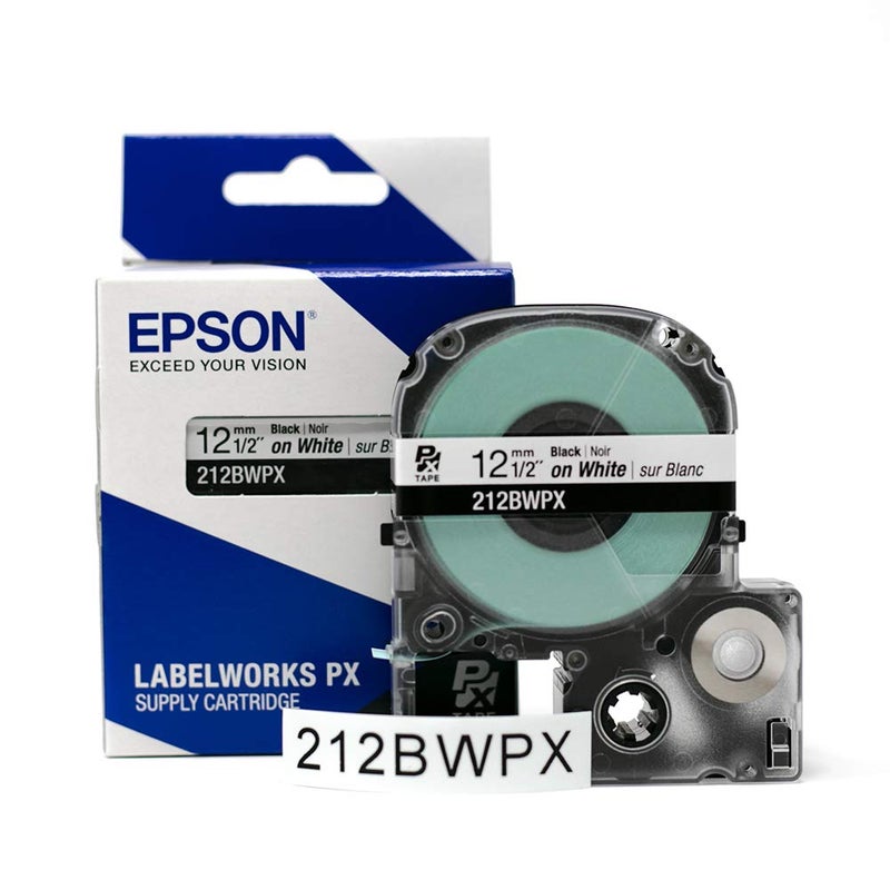 LABELWORKS Epson 212BWPX Genuine PET (Polyester) Tape Cartridge - Black on White Standard Industrial Label Maker Tape - 1/2" (12MM) Wide, 30 ft - Image 1