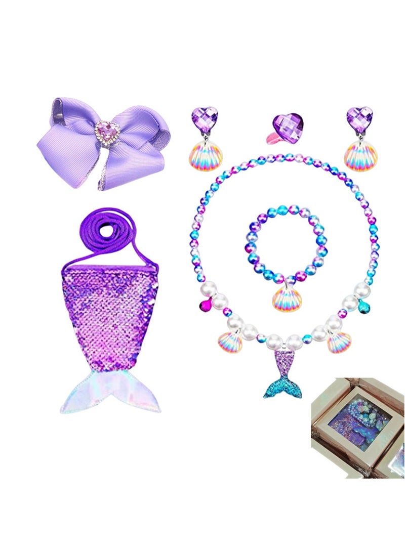 Bow Tie Diamond Hairpin + Fishtail Purple 5-Piece Set + Fishtail Bag Mermaid Necklace Bracelet Ring Earrings Jewelry Set Children'S Birthday Gift Girl Mermaid Party Decorations - Image 1