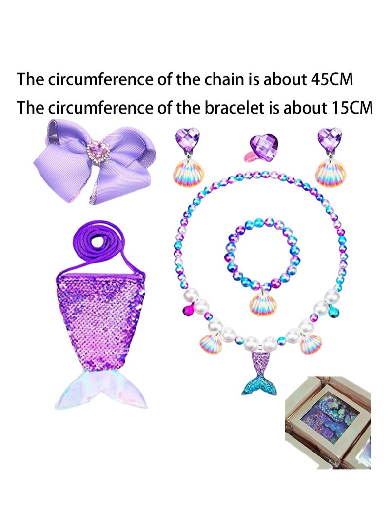 Bow Tie Diamond Hairpin + Fishtail Purple 5-Piece Set + Fishtail Bag Mermaid Necklace Bracelet Ring Earrings Jewelry Set Children'S Birthday Gift Girl Mermaid Party Decorations - Image 2