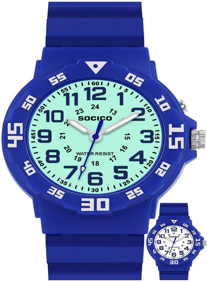 SOCICO Kids Analog Watch with Light for Boys Girls Waterproof Time Teaching Watch with Soft Band Learning Time Wrist Watch Easy to Read for Children Great Gifts, Blue, classic and simple - Image 1