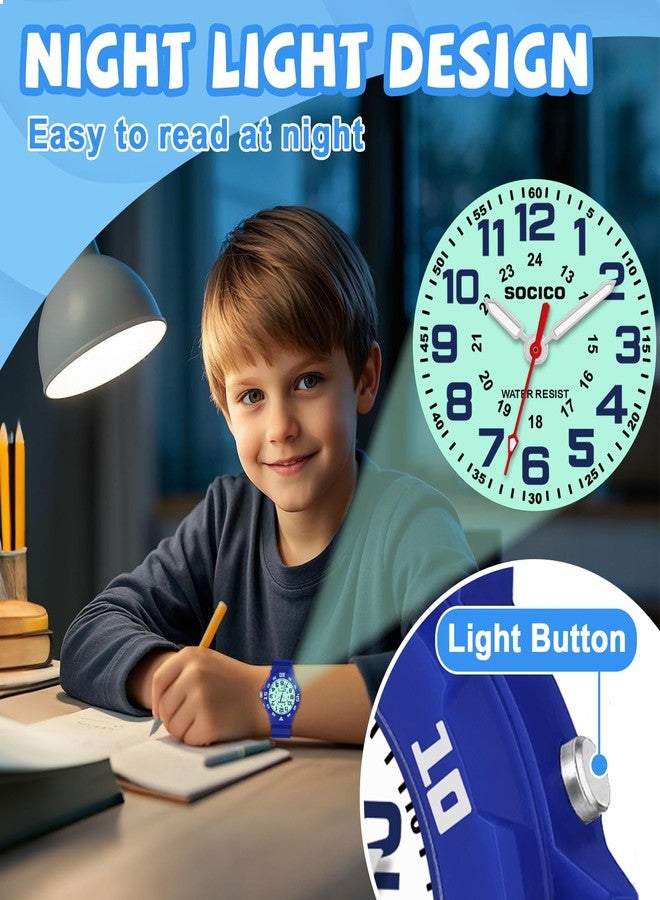 SOCICO Kids Analog Watch with Light for Boys Girls Waterproof Time Teaching Watch with Soft Band Learning Time Wrist Watch Easy to Read for Children Great Gifts, Blue, classic and simple - Image 2