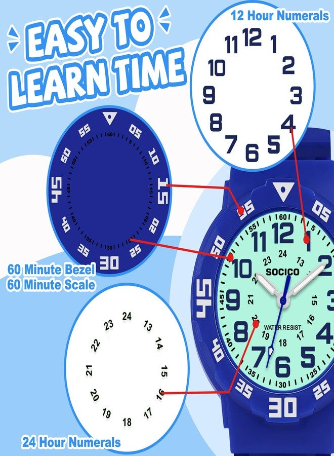 SOCICO Kids Analog Watch with Light for Boys Girls Waterproof Time Teaching Watch with Soft Band Learning Time Wrist Watch Easy to Read for Children Great Gifts, Blue, classic and simple - Image 3